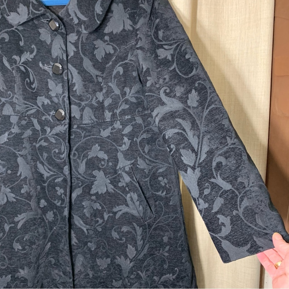 Vintage Black Velvet Jacket Baroque Floral 13/14 Button Front Mid Length Trench - Picture 5 of 15